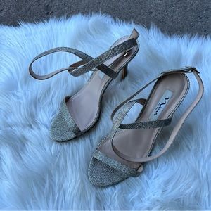 Nina New York Gold Shimmer Fabric Open Toe Criss Cross Strap Pump Heels